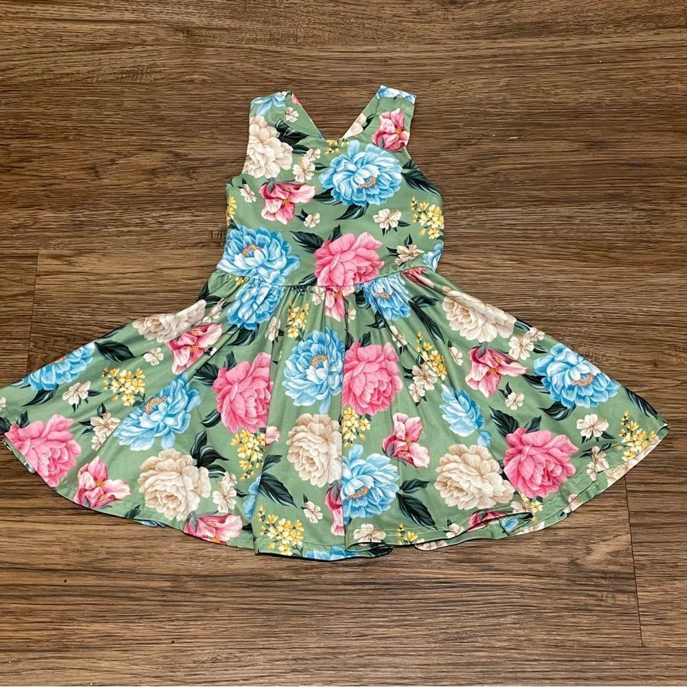 Love & Sprinkles Sleeveless Floral Twirl Dress Green Pink Blue Cream Size 2T